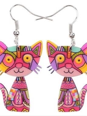 Hand Crafted Pink Multicolor Cat Dangle Earrings